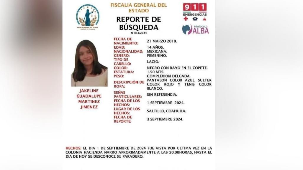 Emiten reporte de búsqueda para menor de 14 años desaparecida en Saltillo