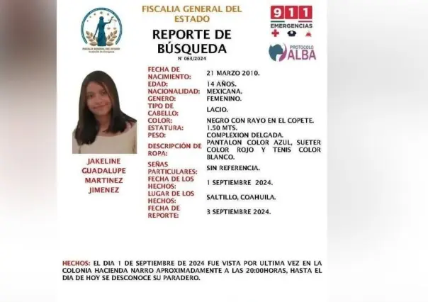 Emiten reporte de búsqueda para menor de 14 años desaparecida en Saltillo