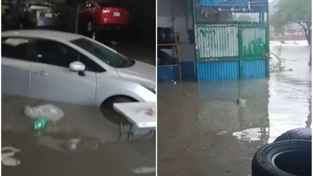 ¿Trae lancha? Lluvia inunda taller de autos en San Bernabé en Monterrey (VIDEO)