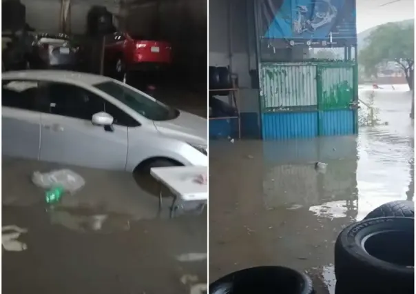 ¿Trae lancha? Lluvia inunda taller de autos en San Bernabé en Monterrey (VIDEO)