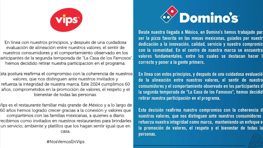 VIPS y Dominos Pizza dieron su postura del porqué se salían del patrocinio de La Casa de los Famosos México. Foto. Canva/Redes Sociales