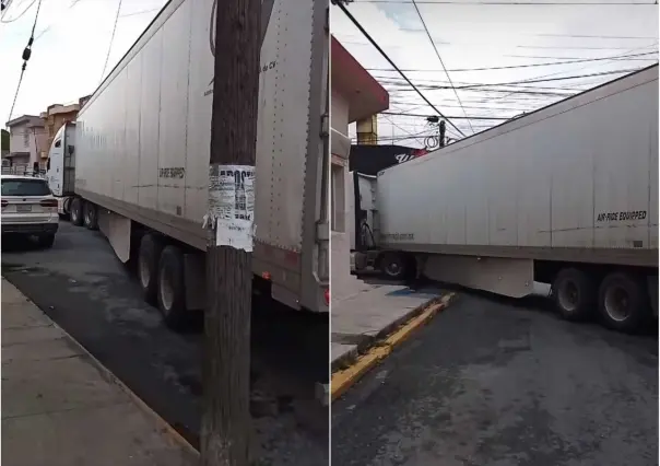 Trailero se mete al centro de Guadalupe y queda atorado (VIDEO)