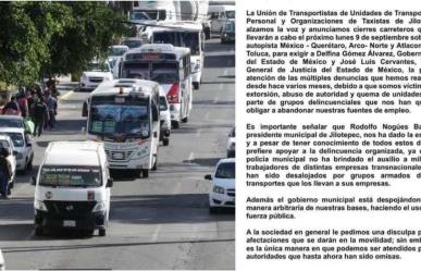 !Alerta¡ Transportistas anuncian bloqueos este lunes 09 de septiembre