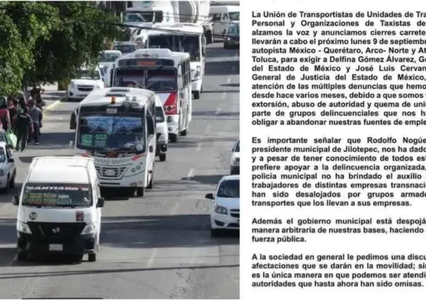 !Alerta¡ Transportistas anuncian bloqueos este lunes 09 de septiembre