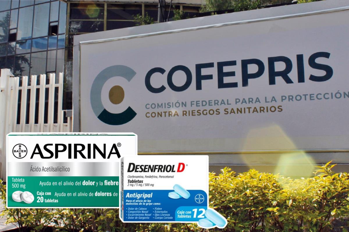 Fachada de COFEPRIS y cajas de Aspirina y Desenfriol.   Foto: Especial