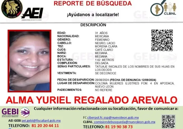 Intensifican la búsqueda de Alma Yuriel Regalado, desaparecida en Apodaca