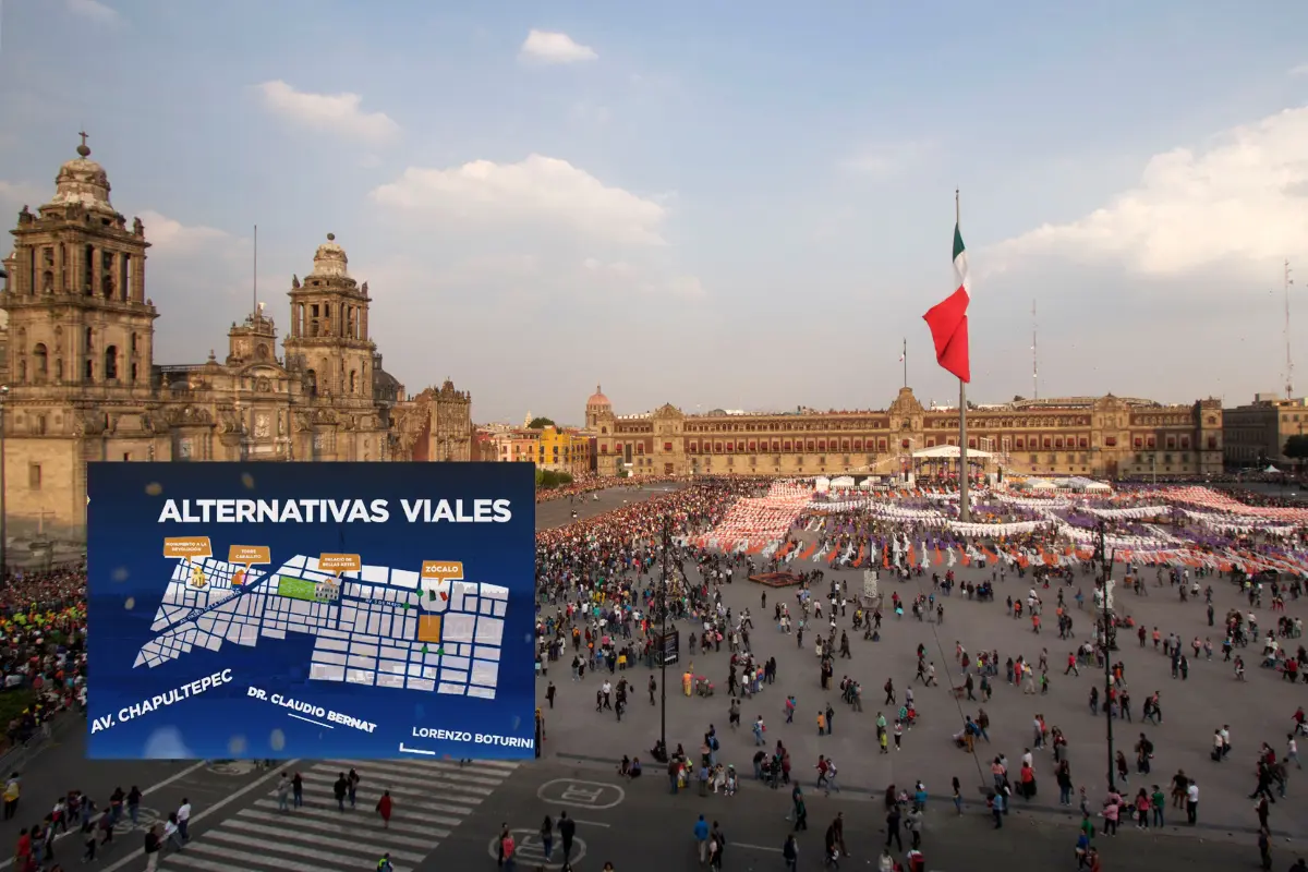 Zócalo de la CDMX y mapa de alternativas viales.   Foto: Especial