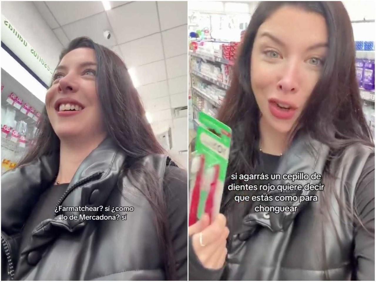 La mujer del video indica que las personas que acuden al Farmacity y llevan entre sus artículos un cepillo de dientes rojo, es una señal de que están buscando sexo. Foto: X.