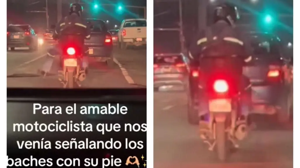 Motociclista advierte sobre baches a automovilistas (VIDEO)