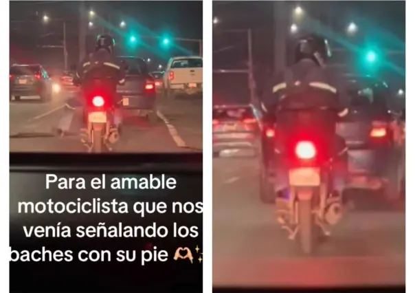 Motociclista advierte sobre baches a automovilistas (VIDEO)