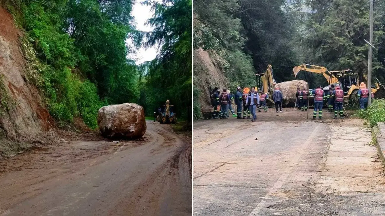 Los trabajos para retirar la enorme roca que mantiene bloqueada la carretera Jilotzingo-Nicolás Romero continúan. Foto: FB Ana Teresa Casas González