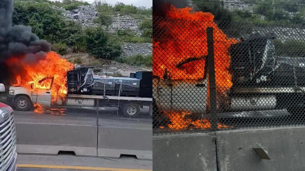 Incendio de camión en libramiento carretera Monterrey-Saltillo