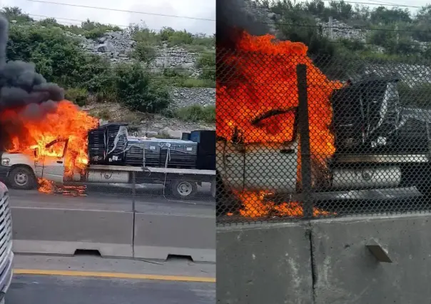 Incendio de camión en libramiento carretera Monterrey-Saltillo