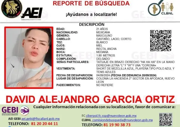 Emiten reporte de búsqueda para localizar a joven desaparecido en Apodaca, NL