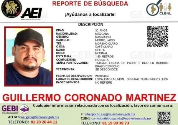 Buscan a Guillermo Coronado en General Terán