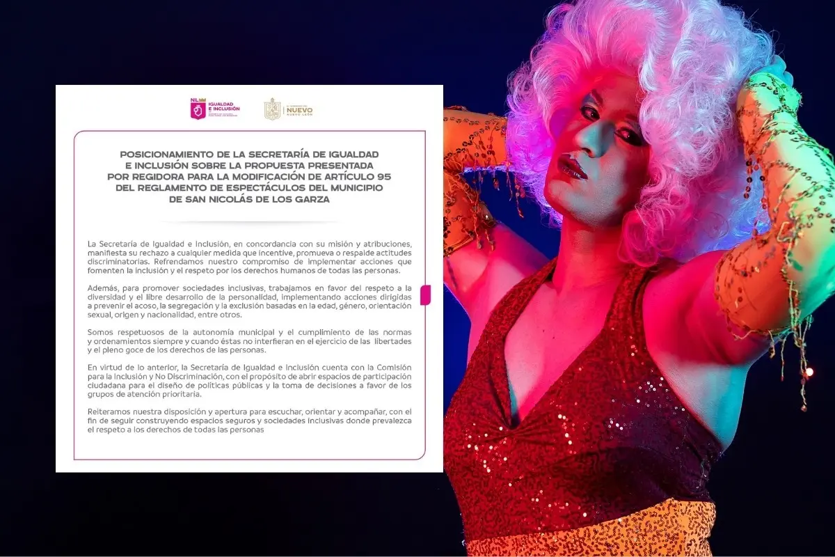 Drag Queen y comunicado. Foto: Secretaría de Igualdad e Inclusión