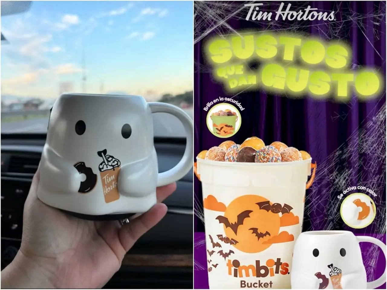 La taza tiene una forma de fantasma y sostiene una dona y un café de la marca Tim Hortons. Foto:  Tim Hortons.