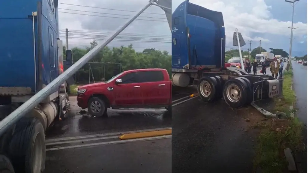 Accidente en la vía Mérida-Umán; tráiler invade el carril y provoca destrozos