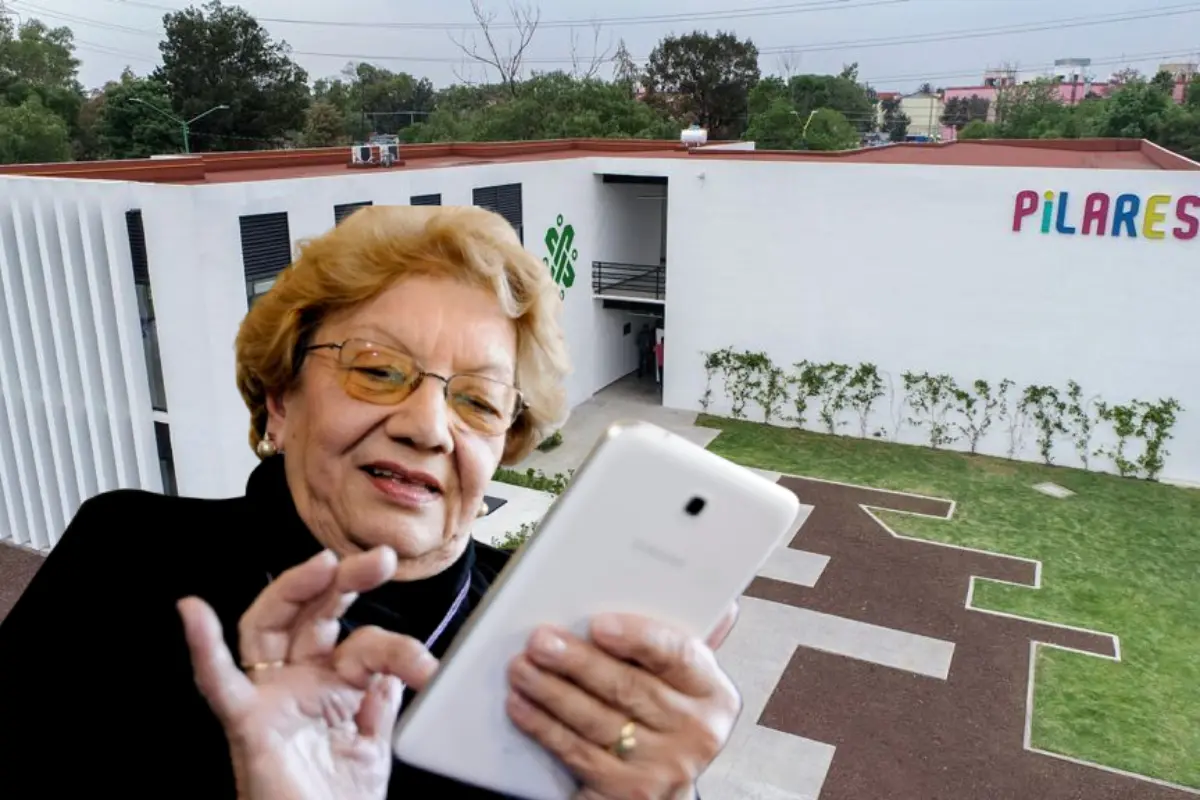 Mujer de la tercera edad usando un celular frente a un PILARES.       Foto: Especial