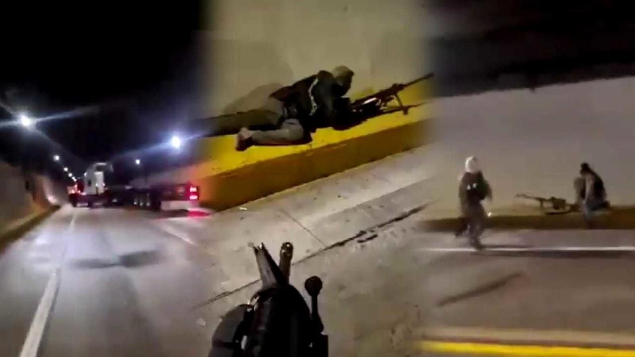 El video muestra a un grupo de personas colocadas detrás de un tractocamión que bloquea un túnel. Foto: capturas del video que circula en redes.