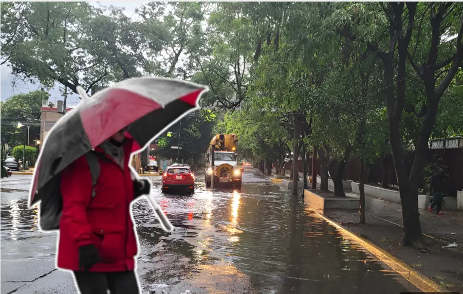 Persona con paraguas sobre una calle con agua en CDMX.   Foto: Especial