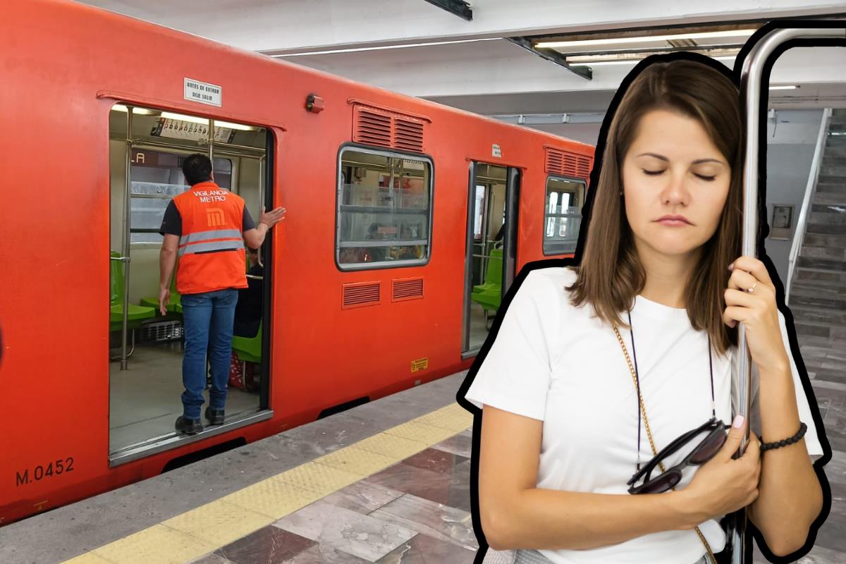 De fondo anden del Metro, persona dormida recargada en el tubo. Foto: @MetroCDMX