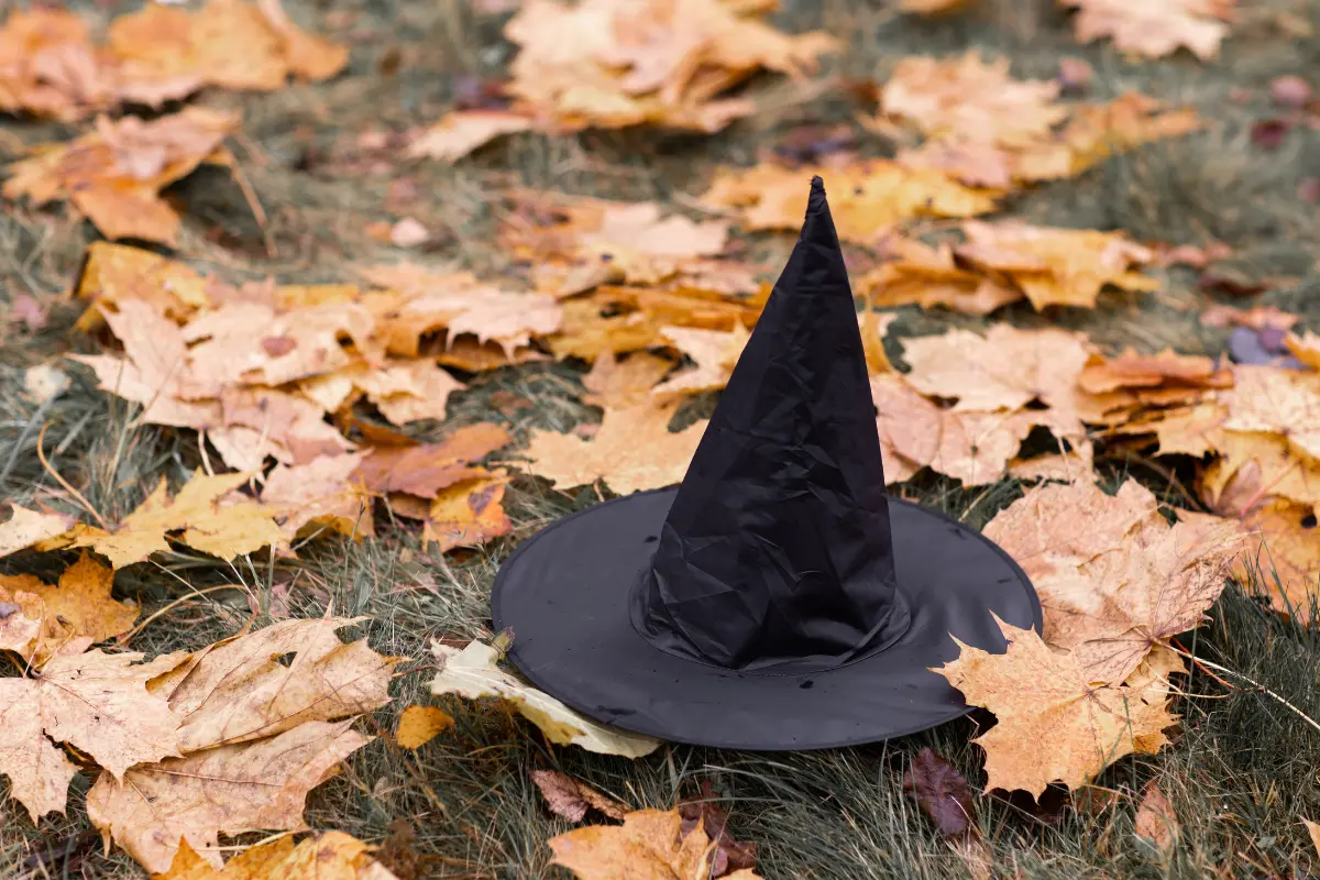 Imagen ilustrativa de sombrero de bruja en hojas de otoño. Foto: Canva