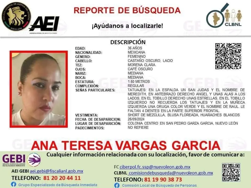 Ficha de búsqueda de Ana Teresa Vargas García. Foto: Grupo Especializado de Búsqueda Inmediata