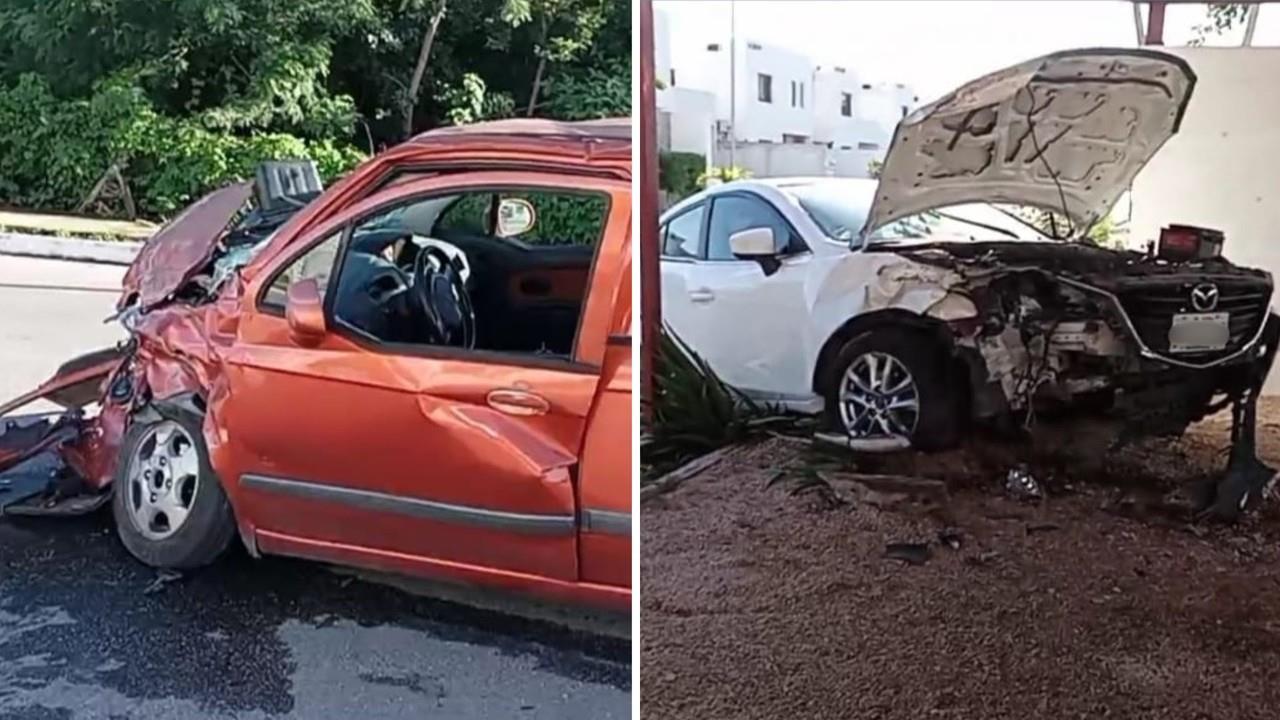 El frente de ambos autos terminó seriamente dañado Foto: Redes/Presidio Yucatán