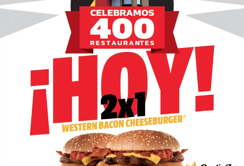 La promoción se aplica al comprar una Western Bacon Cheeseburger, recibiendo una segunda hamburguesa sin costo adicional. Foto: Carls Jr.