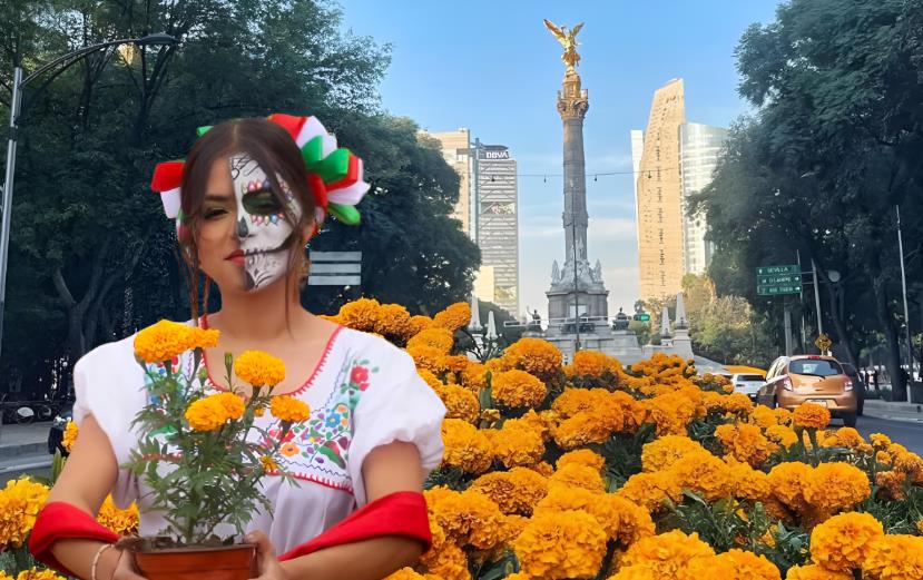 Flor de cempasúchil en Paseo de la Reforma en CDMX.    Foto: Especial