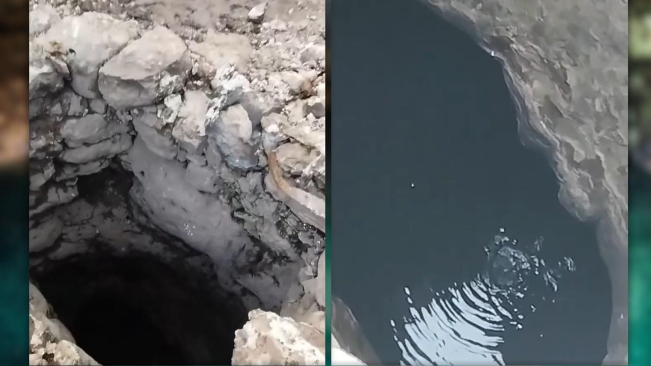 En el metraje compartido en redes se puede ver la profundidad de la caverna que apareció en plena vialidad Foto: Captura de Pantalla/Javier Puc