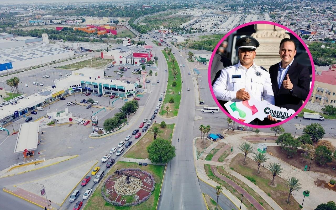 Saltillo desde las alturas y policía municipal con Manolo Jiménez / Foto: Roberto Par | Chema Fraustro