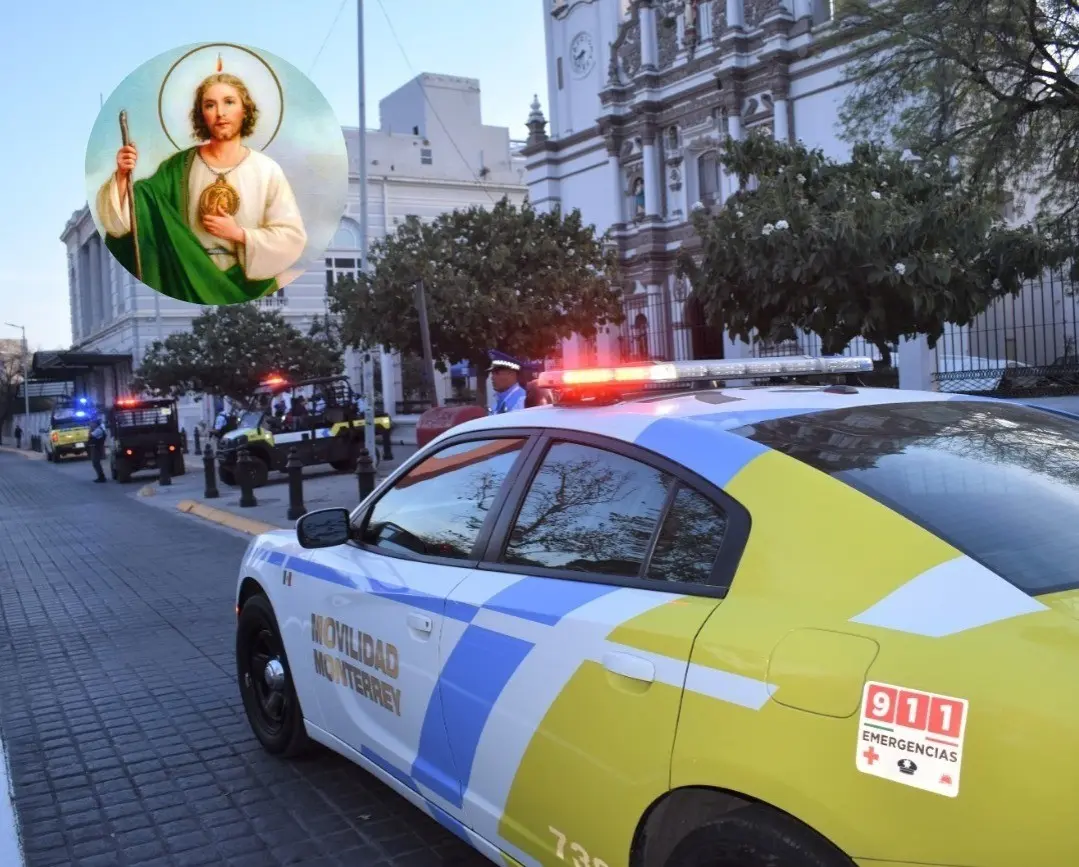 Patrulla de la policía de Monterrey en medio del operativo por los festejos de San Judas Tadeo. Foto: Canva - Policía de Monterrey.