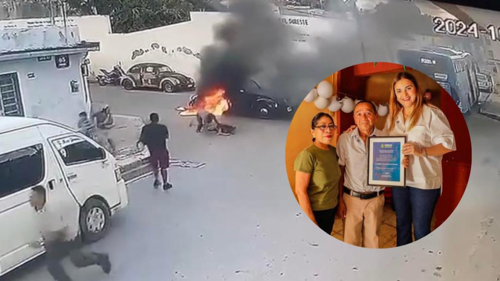 Reconocen a héroe que salvó a una familia del incendio de un auto en Mérida