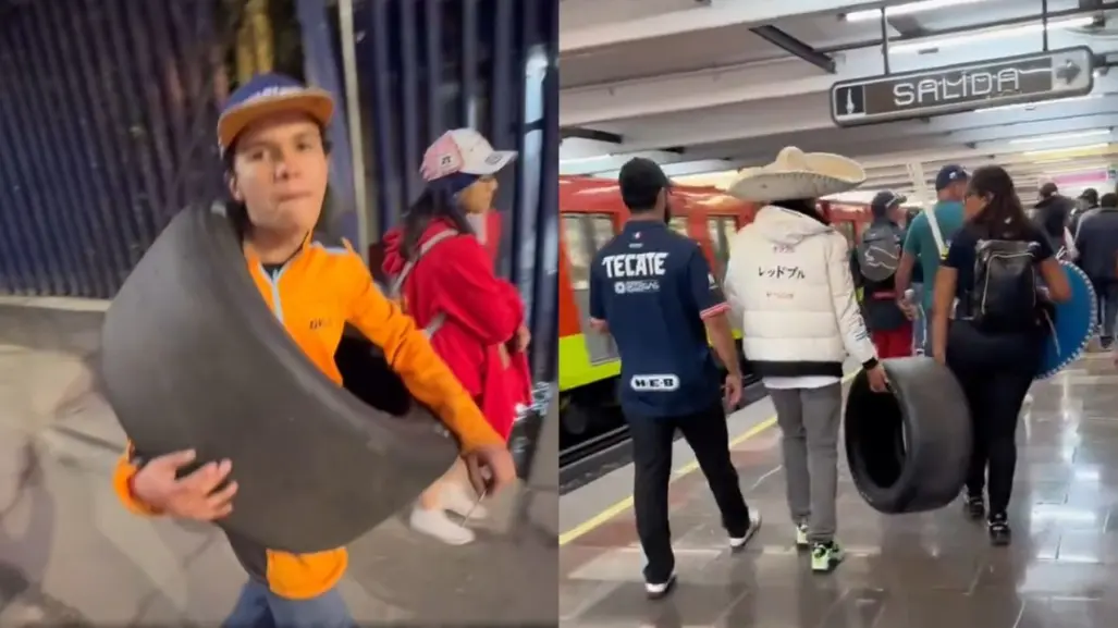 Fórmula 1: Aficionado viaja en metro de la CDMX con neumático como souvenir