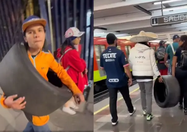 Fórmula 1: Aficionado viaja en metro de la CDMX con neumático como souvenir