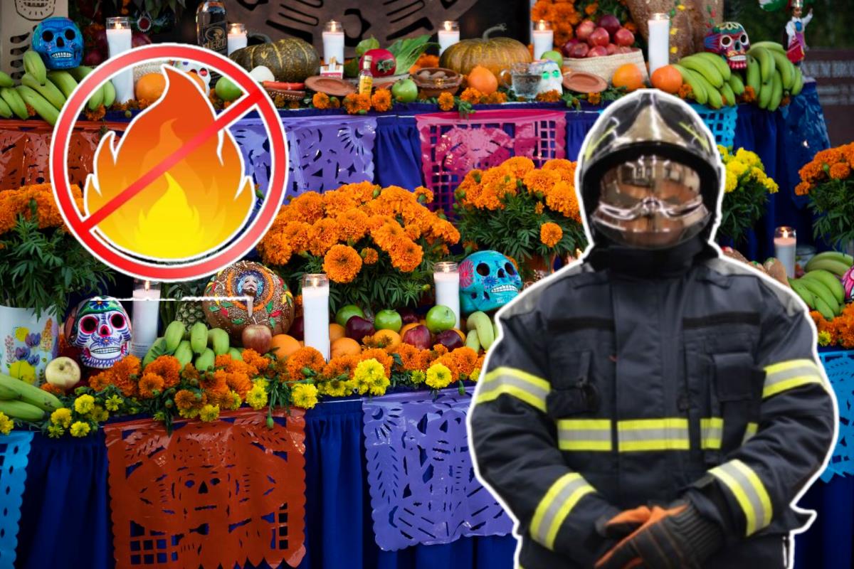 Bombero de CDMX frente a una ofrenda de Día de Muertos. Foto: Especial
