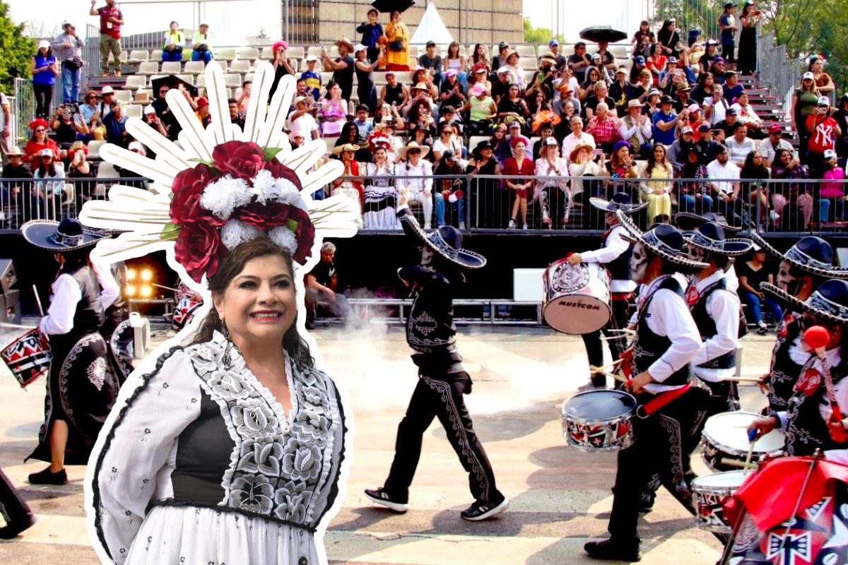 De fondo Desfile de Día de Muertos, Clara Brugada. Foto: @ClaraBrugadaM/@ArreolaYen780