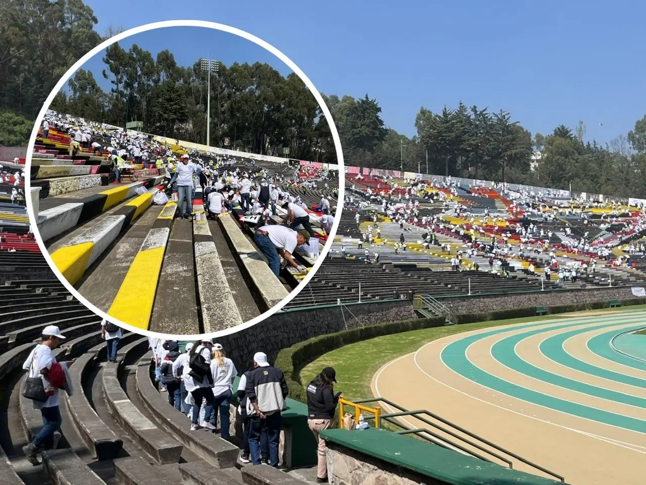 Universitarias y universitario se reunieron para darle color a la obra del estadio. Imagen: POSTA