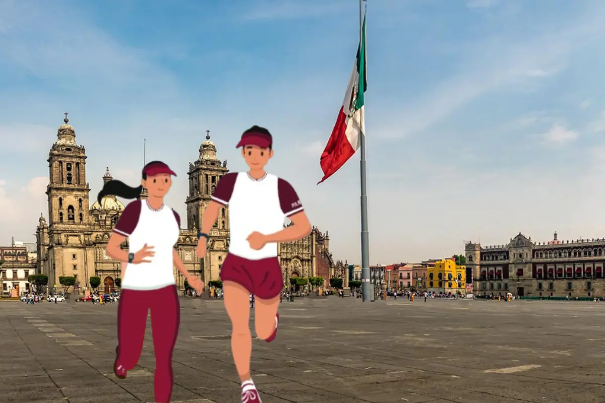 Zócalo de la CDMX con ilustración de personas corriendo. Foto: Especial