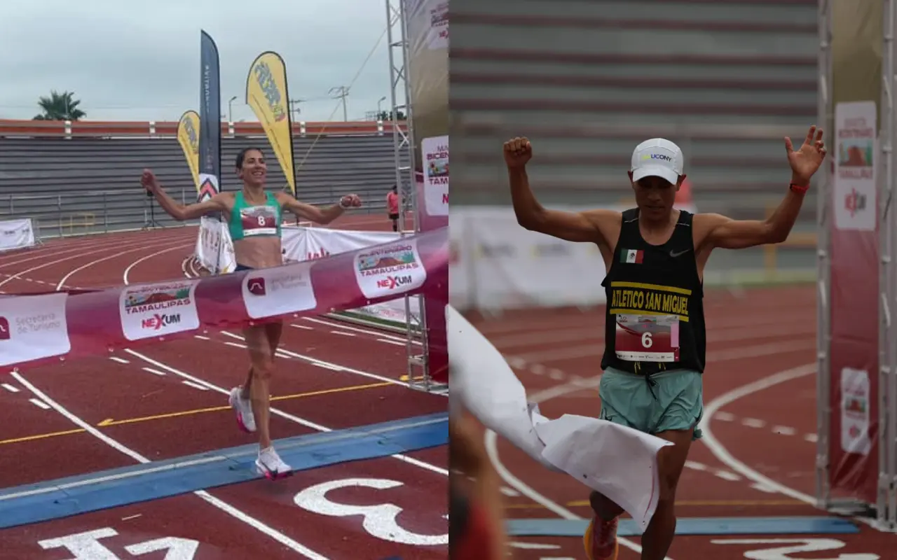 Argentina Valdespeñas y Rubén Chávez los ganadores del Maratón Bicentenario Tamaulipas. Foto: Perla Herrera