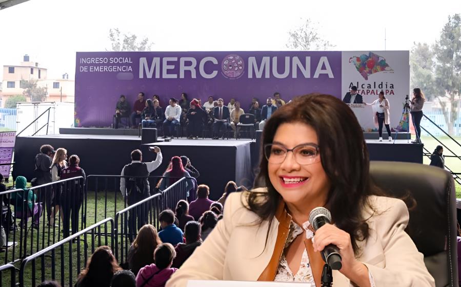 Clara Brugada frente a un evento de Mercomuna. Foto: Especial