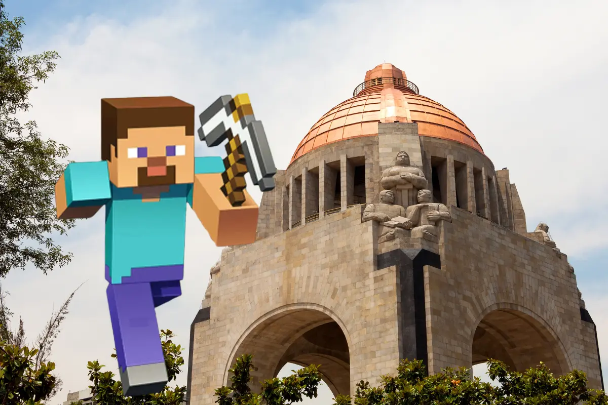 De fondo Monumento a la Revolución, Steve. Foto: Canva/Minecraft Online