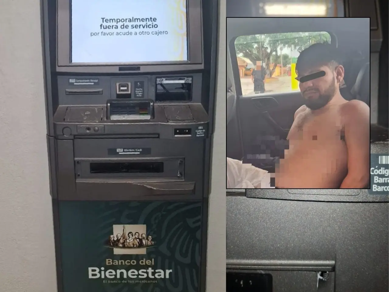 Un sujeto fue detenido en Cacalchén la jornada de este miércoles luego de que se reportara que dañó un cajero del Banco del Bienestar.- Foto de la SSP