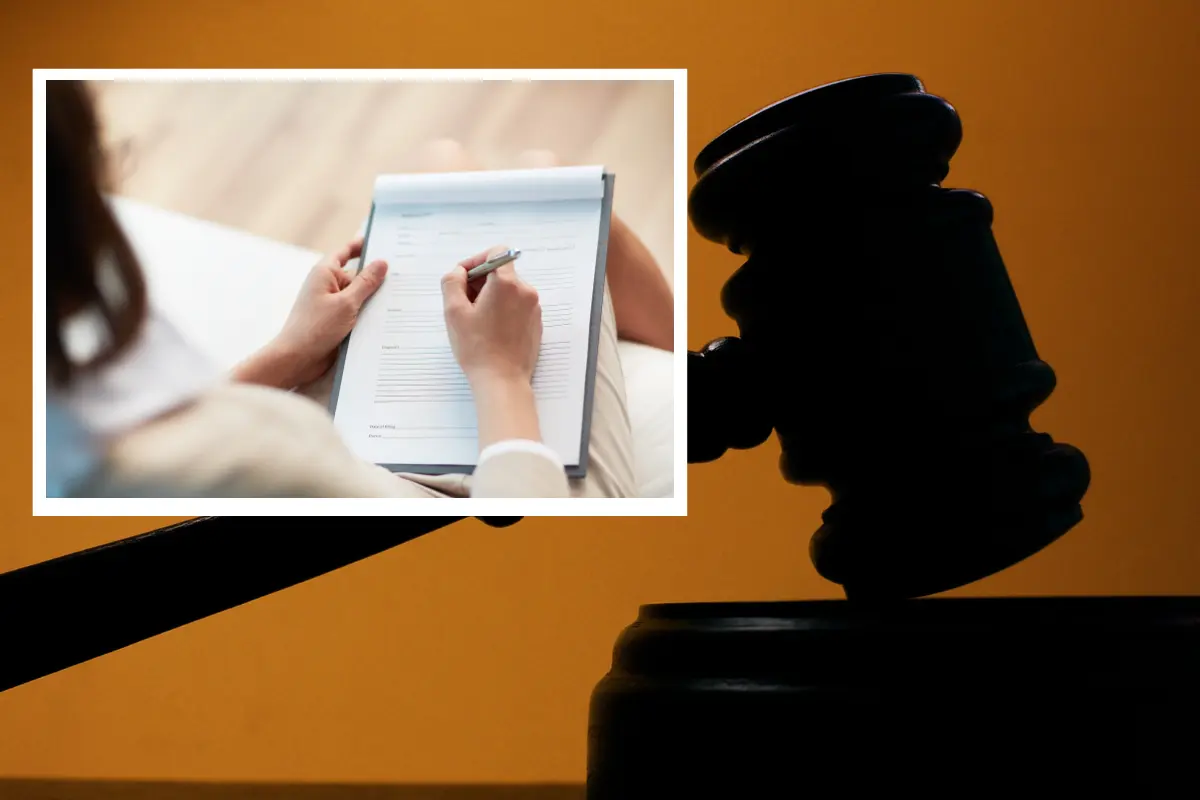Mazo de juez y persona escribiendo en una hoja. Foto: Canva