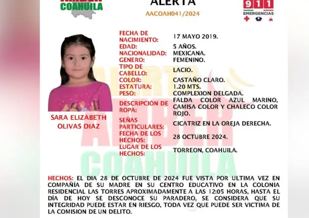 Activan Alerta Amber para localizar a Sara Elizabeth, menor desaparecida en Torreón