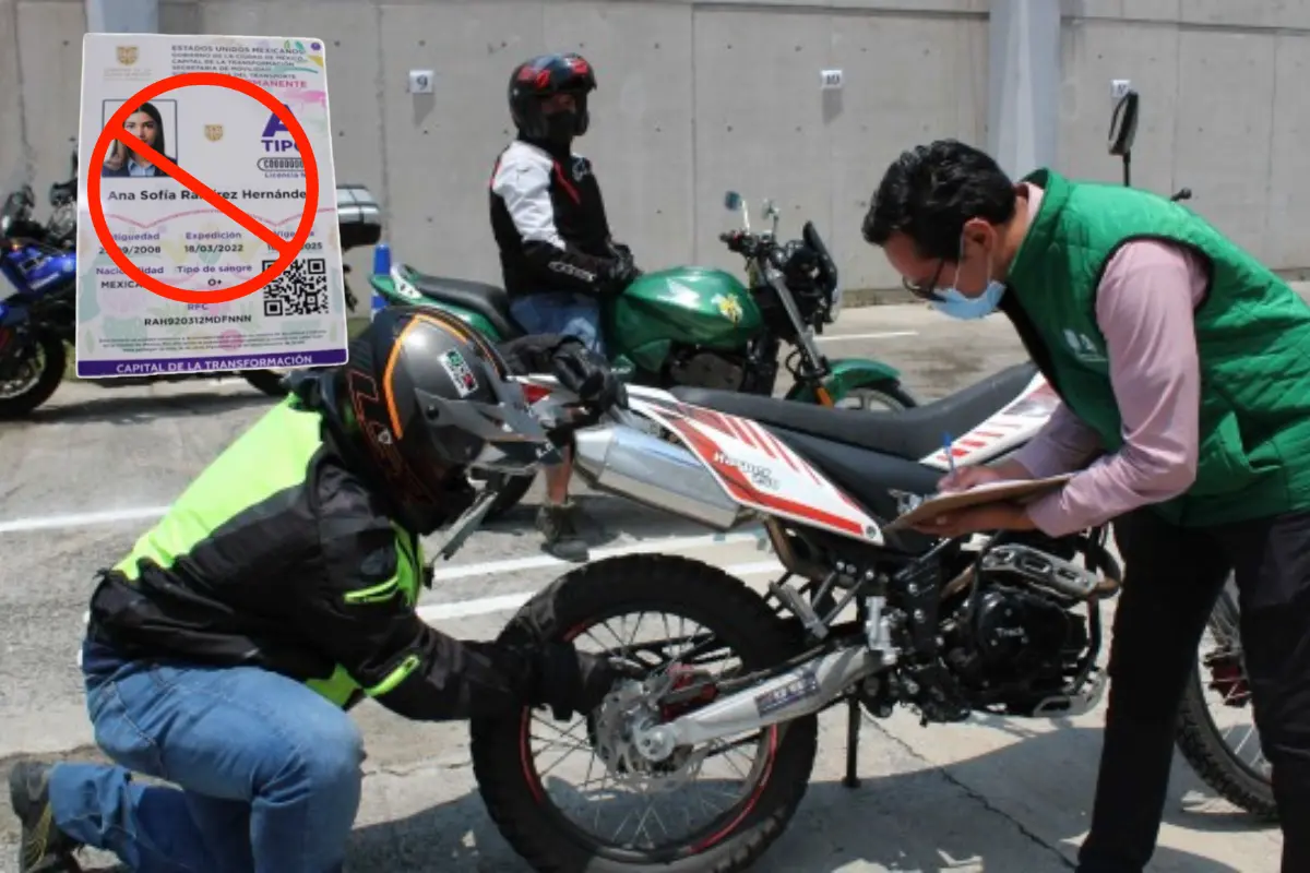 De fondo personas revisando moto, licencia permanente, símbolo de prohibido. Foto: ICAT CDMX/ Gobierno CDMX