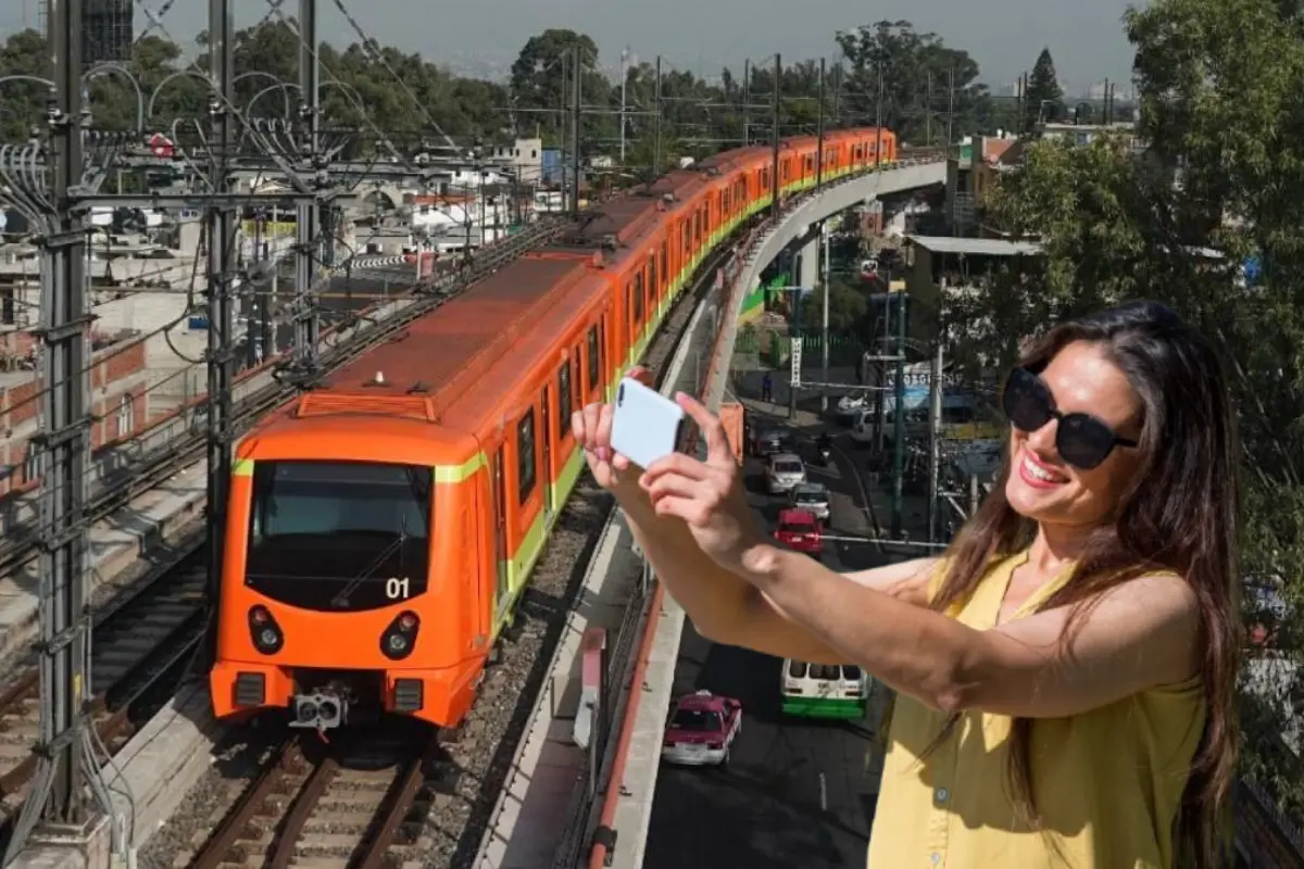 Mujer tomando foto frente al Metro de CDMX Línea 12.    Foto: @MetroCDMX y Freepik.