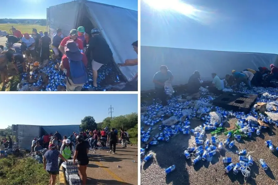 Salen a rapiñar cervezas tras volcadura de tráiler en carretera de Campeche